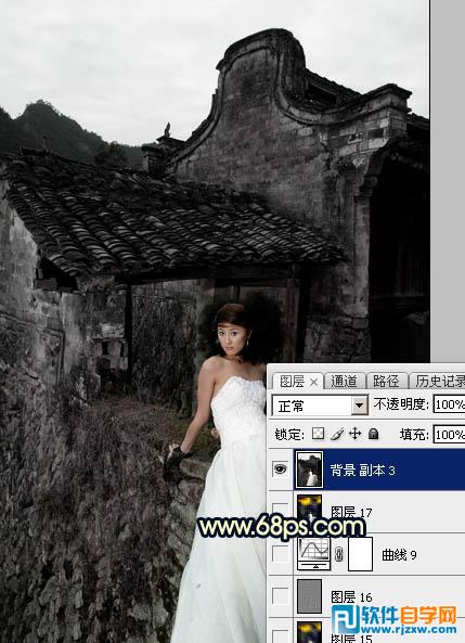 PS給在古建筑拍的婚紗照調(diào)出高對比霞光色